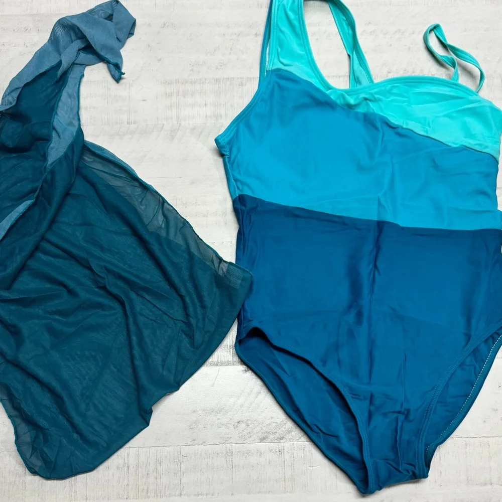 Girs Blue Colorblock One-Piece Swimsuit with cover up